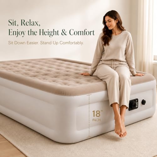 Etto Queen Air Mattress with Built-in Pump, 18-Inch Blow Up Bed, Brown, 650 lbs Support