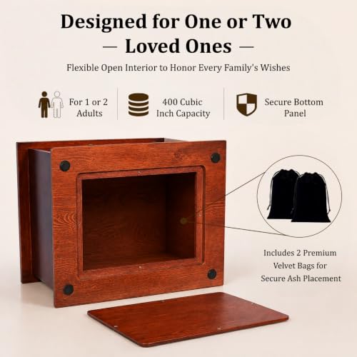 Double Companion Urn with Cross & Photo Frame - Holds Up to 400 Cubic Inches, Wooden Memorial for Husband & Wife - Variation: Cross