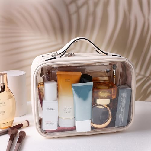 SANHECUN Clear Travel Toiletry Bag with Multiple Compartments - Waterproof Makeup & Cosmetic Organizer - Beige, Medium