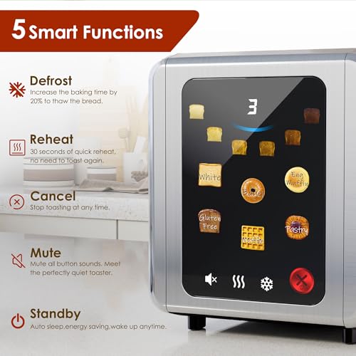 WHALL Silver Full Touch Screen 2-Slice Toaster with Wide Slots & Smart Features