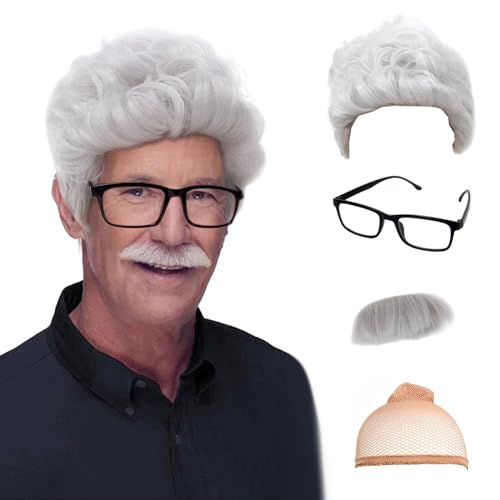 STfantasy Grey White Short Men's Wig with Sunglasses & Beard for Old Man Costume Halloween Cosplay 12 Inch