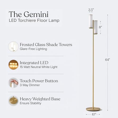 Brightech Gemini Dimmable Floor Lamp - Brass Tall Tree Style for Living Room & Bedroom