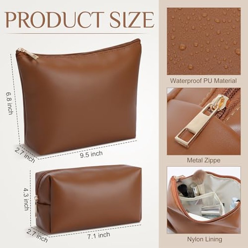 Kigeli 2 Pcs PU Leather Makeup Bag Set for Women Aesthetic Cosmetic Bag Small Toiletry Travel Pouch for Purse Emergency Skincare Organizer Valentine Gifts for Bridesmaid Birthday(Brown)