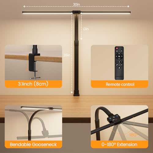 Black Clamp LED Desk Lamp with Remote Control, Dimmable 24W Tall Gooseneck Light