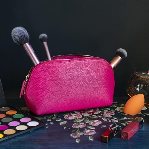 Pink Leather Makeup Bag - Travel Cosmetic Pouch & Clutch