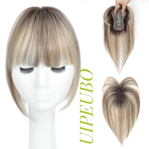 10-Inch Human Hair Topper for Women with Bangs - Ombre Light Brown & Blonde Highlights