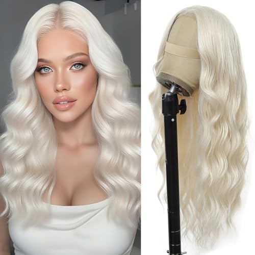 Platinum Blonde Wig for Women, 4x1 Lace Hairline Long Wavy Middle Part Heat Resistant Synthetic Wigs for Daily Party - 24 Inch