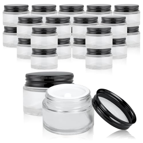 24 Pack 1oz Clear Glass Cosmetic Jars with Black Metal Lids & Inner Liners - Travel Lotion Containers