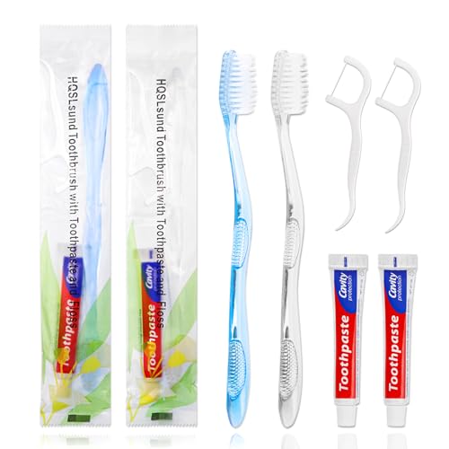 100 Pack Disposable Toothbrushes with Toothpaste and Floss - Individually Wrapped - Multiple Colors