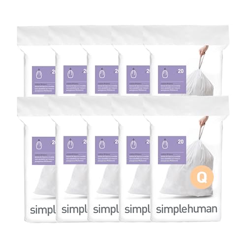 Simplehuman Code Q Custom Fit Trash Bags 200 Count Pack - Extra Thick 50-65L Drawstring Liners