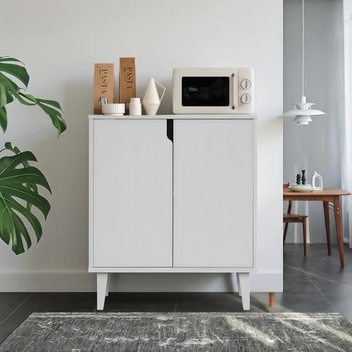 White Farmhouse Coffee Bar Cabinet with Soft-Close Doors - Kitchen Storage Sideboard
