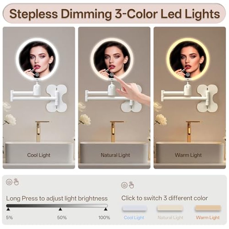 6" Led Wall Mounted Makeup Mirror Double Sided 1/10X, 1-Second Install Lightweight Compact Wall Mirror with Light, Rechargeable Extendable Magnifying Mirror for Bathroom, Wall Vanity Mirrors (1+10X)