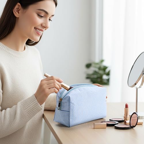 Light Blue Seersucker Cosmetic Bags Set - 12 pcs, Zippered & Striped
