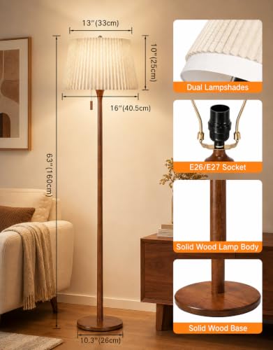 OUTON Walnut Wood Farmhouse Floor Lamp with Remote Dimmable & Dual Shades