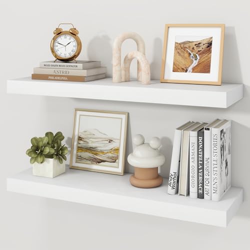 30-Inch White Floating Wall Shelves Set of 2 - Modern Wood Wall Storage