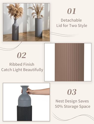 Sziqiqi Earth Tone Tall Metal Floor Vase Set - Large Ribbed Standing Decor, 3-Piece