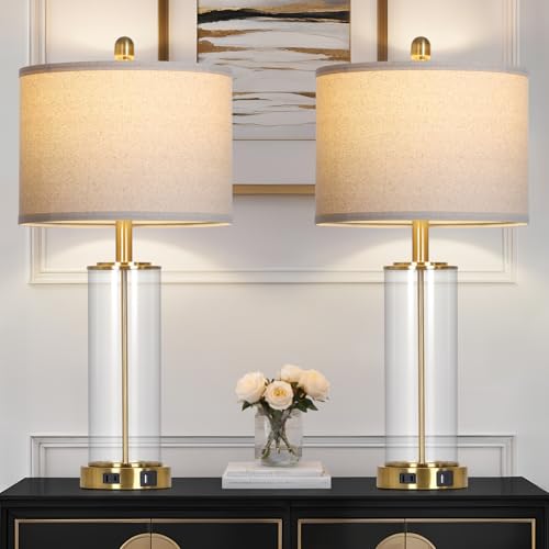 26-Inch Gold Glass Table Lamps Set of 2 - Dimmable Touch Control Bedside Lamps with USB & Power Outlet - Modern Living Room Decor Variation: Gold-26-Inch-2PK