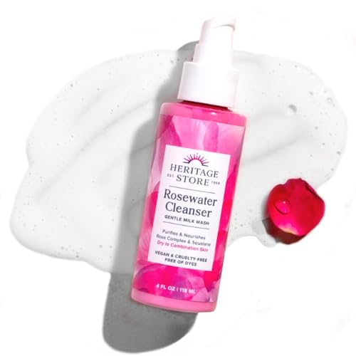 HERITAGE STORE Rosewater Facial Cleanser - Milk Face Wash Purifies and Nourishes w/Squalane, Rose Complex, Dry Skin to Combination Skin Care, Hypoallergenic, pH Balanced, Vegan, 60-Day Guarantee, 4oz