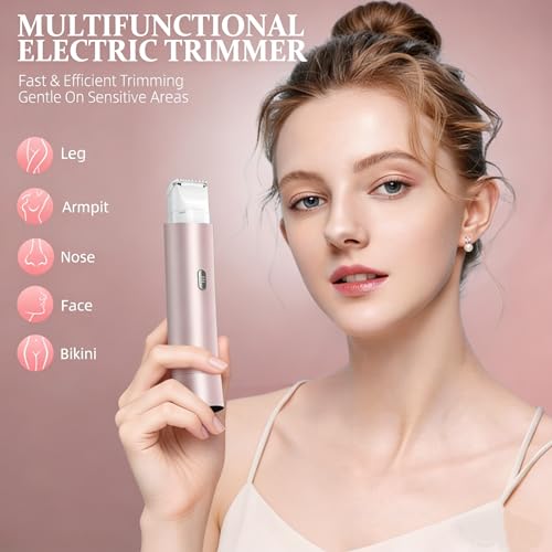 Bikini Trimmer for Women, 2-in-1 Electric Shaver & Painless Hair Remover, IPX8 Waterproof for Wet & Dry Use, USB-C Fast Charge, for Body Face Legs Underarms Sensitive Skin - Rose Pink