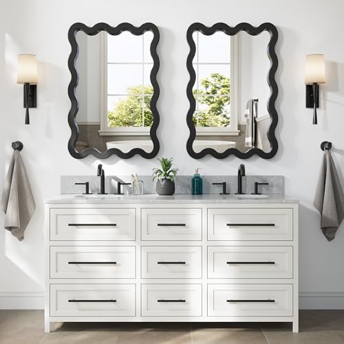 Matte Black Wavy Bathroom Wall Mirror 24x36 Solid Wood Frame - Vertical or Horizontal Mount