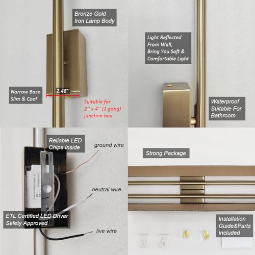 24 Inch Narrow Gold Wall Sconce Set of 2 - Suitable for Small Junction Box, Modern Picture Lights, Dimmable Vanity Lights for Bathroom & Bedroom - Variation: 24 Inch Suitable for Small Junction Box Only / 2X Hardwired Gold Sconce