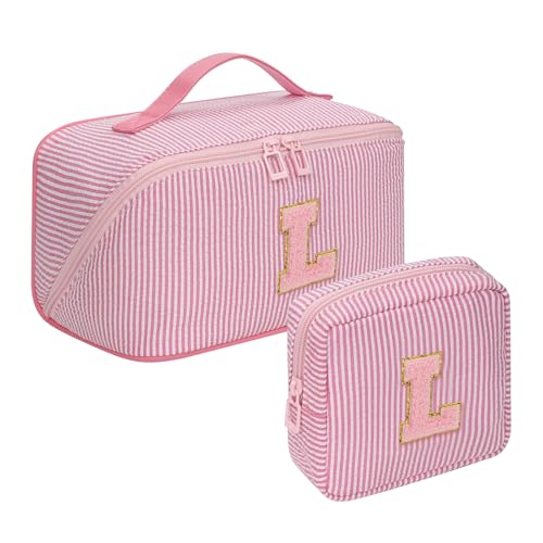 Travel Makeup Bag for Women, 2Pcs Portable Personalized Initial Makeup Organizer Bag, Open Flat Large Cosmetic Bag With Travel Essential Pouch (Pink Letter L)
