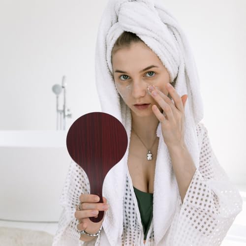 Wooden Handle Makeup Mirror - Handheld Round Cosmetic Mirror for Travel & Home