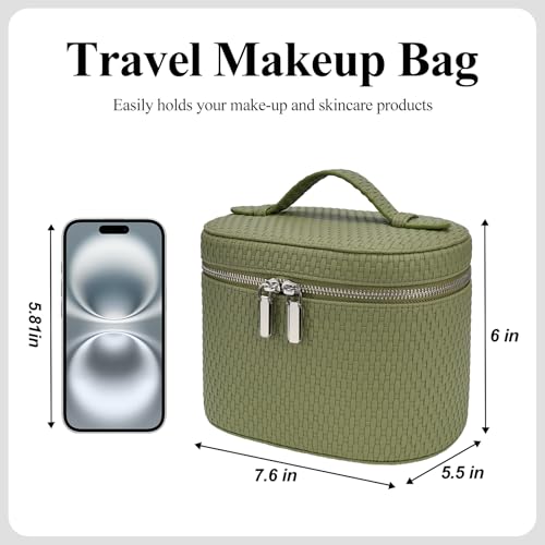 Honitty Small Weave Green Travel Makeup Bag with Compartments & Handle