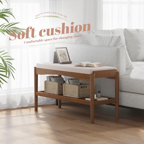 STDDRE Bamboo Shoe Bench with Cushion Seat 2-Tier Entryway Organizer, Brown-Beige, 31.5x11.4x16.5 Inches