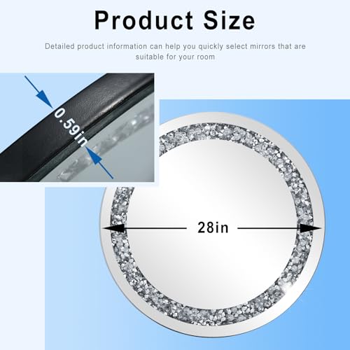 28x28 Inch Crystal Crushed Diamond Round Wall Mirror - Silver Home Decor with Variation 28L x 28W