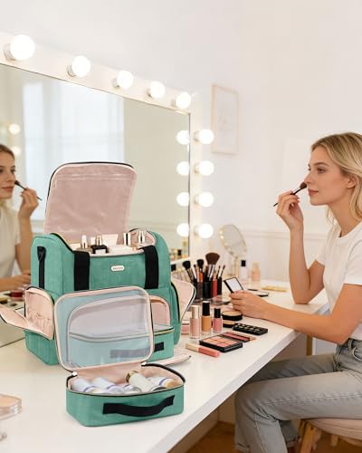 Large Travel Makeup Bag with Removable Cases - Green, Double Layer Organizer