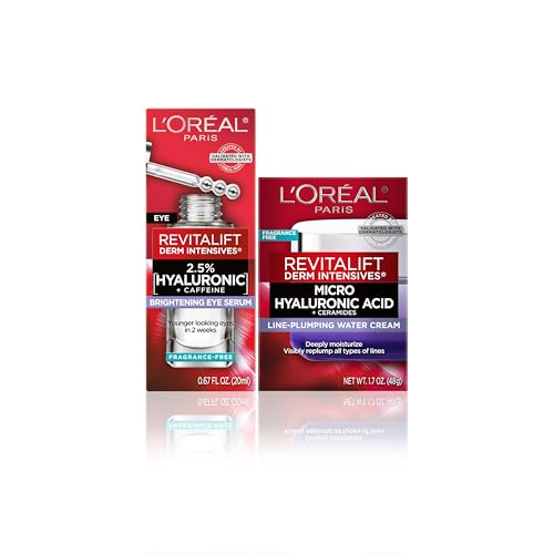L'Oreal Paris Revitalift Hyaluronic Acid + Caffeine Hydrating Eye Serum + Hyaluronic Acid Water Cream with Ceramides, 1 kit