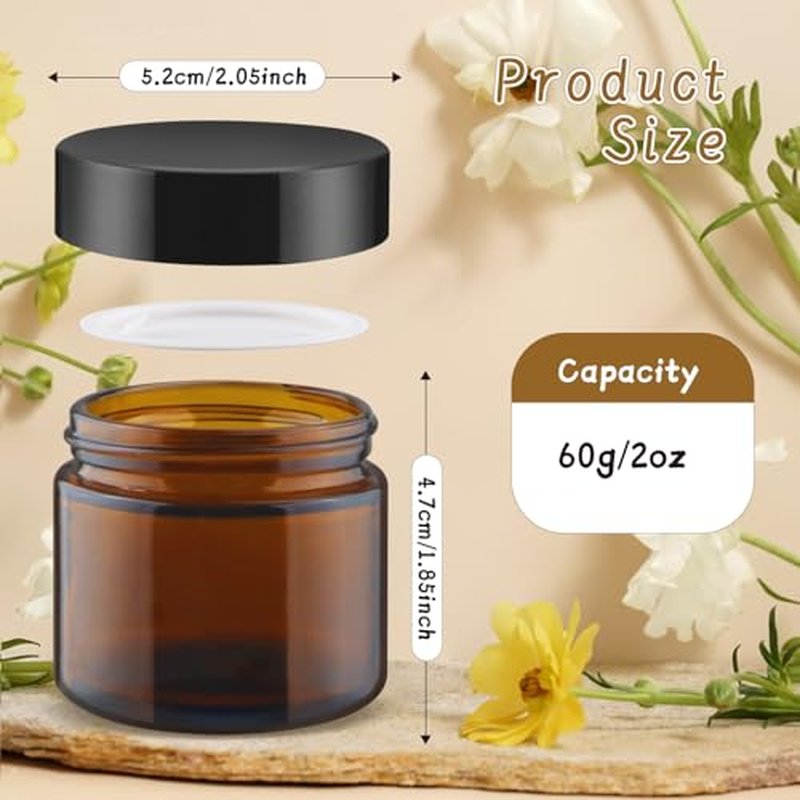 24 Pcs Amber Glass Jars Round Small Glass Jars Empty Refillable Cosmetic Containers with Inner Liners & Black Lids for Make Up Sample Powder Cream Lotion Spice - 60g/2oz