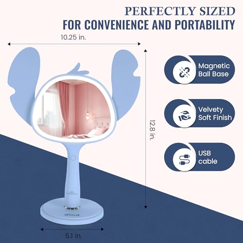 Impressions Vanity Stitch Ohana LED Handheld Makeup Mirror for Desk, Lighted Travel Makeup Mirror with Detachable Standing Base, Ultra Bright Adjustable Lighting, and Ohana Figural Shaped Design