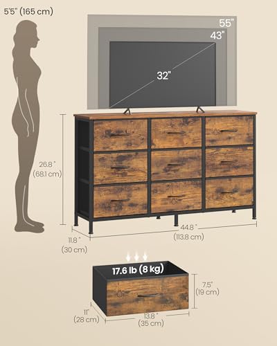 SONGMICS Dresser with 9 Fabric Drawers and TV Stand for Up to 55 Inches - Rustic Brown + Ink Black 11.8"D x 44.8"W x 26.8"H