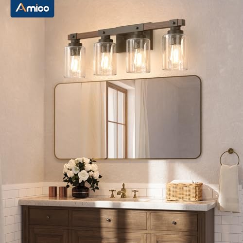 Amico 4-Light Farmhouse Bathroom Vanity Light - Seeded Glass, Black & Wood - Rustic Style