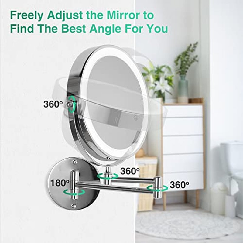 8.5 Inch Rechargeable Wall Mounted Lighted Makeup Mirror, Double-Sided 1X/10X LED Magnifying Vanity Mirror with Lights, 3 Color Lights Touch Screen Dimmable 360¡ÆSwivel 18 Inch Extendable - Chrome