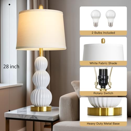 Luxeflow 28" White Ceramic Triple Gourd Bedside Lamps Set of 2, Modern Nightstand Lighting