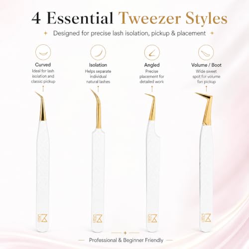 M LASH Tweezers, Eyelash Extensions Set of 4 | White