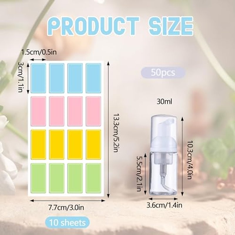 50 Pcs Foam Pump Bottle 1 oz Small Size Mousse Foam Soap Dispenser,Clear Plastic Empty Refillable Mini Foam Pump Bottle for Face Wash Shampoo Skin Care with 160 Labels£¨30 ml£©