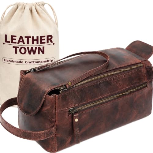 Dark Brown Full Grain Leather Men’s Travel Toiletry Bag with Dual Compartments