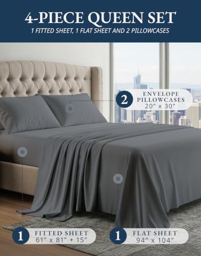 Lane Linen Queen Sheet Set Charcoal 100% Egyptian Cotton Sateen - Deep Pocket