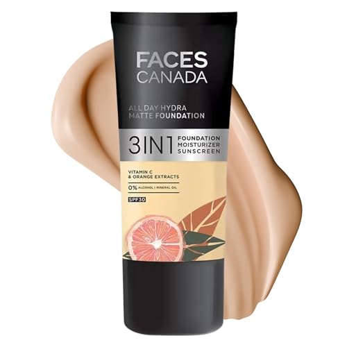 FACESCANADA All Day Hydra Matte Foundation with SPF 30 - Absolute Ivory | 3-in-1 Foundation Moisturizer Sunscreen | Oil Free with Vitamin C | 0.85 Fl oz (25ml)