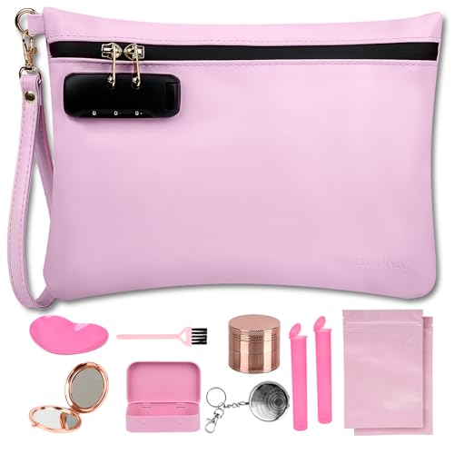 Smell Proof Bag with Combination Lock and 8 Accessories - Pink Travel Organizer