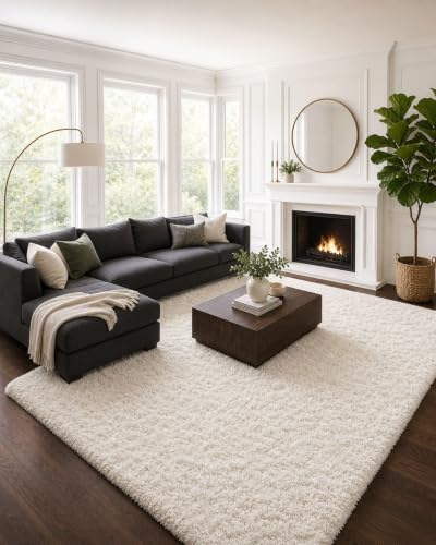 8x10 Ivory Shag Area Rug - Washable Non-Slip Fluffy Bedroom Carpet for Living Room & Nursery - Rectangular