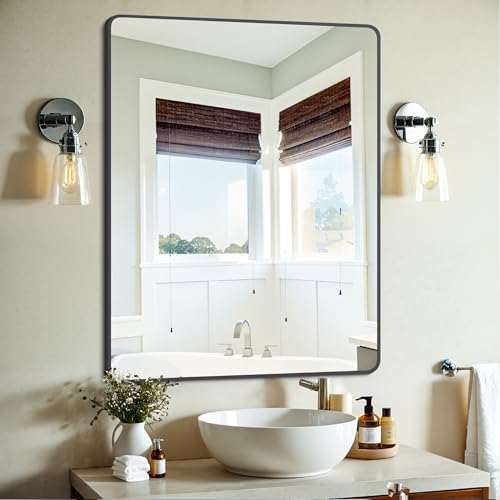 Black Bathroom Mirror 30x40 Inch Wall Mirror with Metal Frame - Horizontal/Vertical