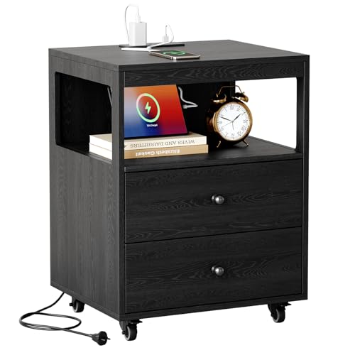 Black Bedroom Nightstand with Charging Station, 2 Drawers, Wheels
