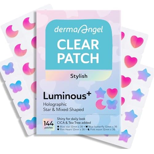 Star Pimple Patches for Face, Cute Acne Patches with Salicylic Acid, CICA & Tea Tree Oil, 144 Holographic Star Moon Heart Butterfly Patches, 7X Absorbency Pimple Patches for Teens (4 Designs, 36 Each)