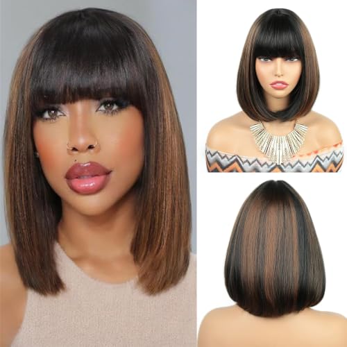 RSPO9# 10-Inch Straight Bob Wig with Bangs and Brown Highlights – Breathable Cap, Glueless Synthetic Short Wig for Women