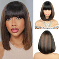 RSPO9# 10-Inch Straight Bob Wig with Bangs and Brown Highlights – Breathable Cap, Glueless Synthetic Short Wig for Women